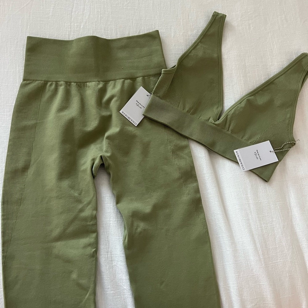 We Wore What seamless legging and v-neck bra top in Sage